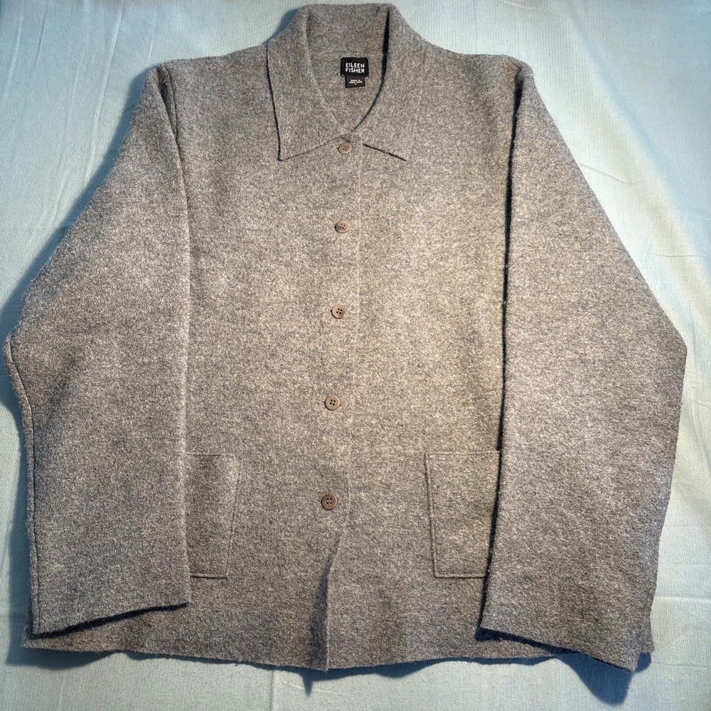Eileen Fisher Grey 100% Wool Boiled Felt Jacket Button Front Pockets 109BW L